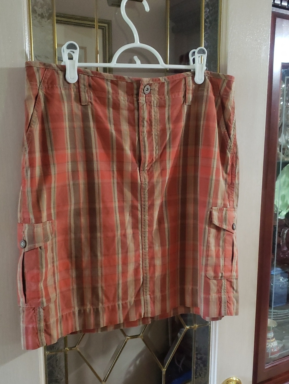 Eddie Bauer Cargo Midi Skirt Womens 16 Orange Plaid Cotton Zipper Fly 2 Pockets